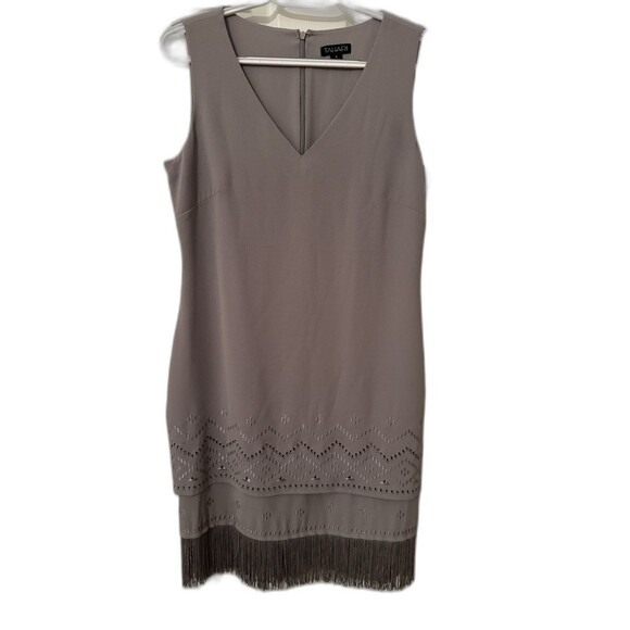 Tahari Grey Sleeveless Dress Sz 4 Fringe Short Neutral Classic Simple Workwear - Picture 2 of 14